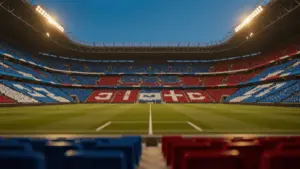 Empty floodlit stadium quarter-final venue with Argentina blue and Switzerland red fan sections at dusk