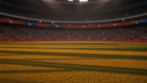 Floodlit World Cup knockout stadium at golden-hour with dramatic shadows and packed stands in cinematic lighting.