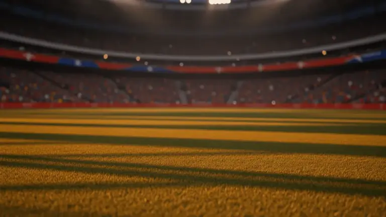 Floodlit World Cup knockout stadium at golden-hour with dramatic shadows and packed stands in cinematic lighting.