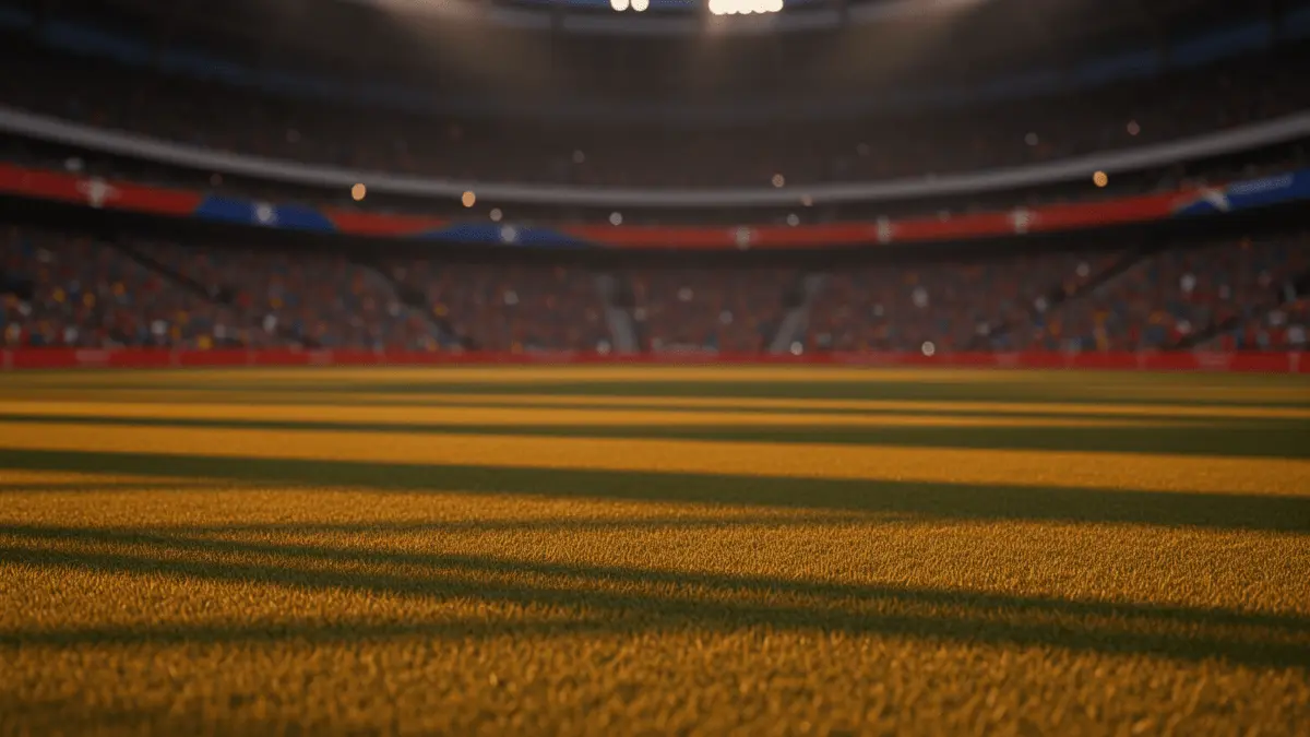 Floodlit World Cup knockout stadium at golden-hour with dramatic shadows and packed stands in cinematic lighting.