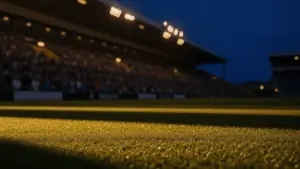 Floodlit stadium pitch at golden hour with packed stands, dramatic shadows, and cinematic lighting for World Cup semi-final atmosphere.