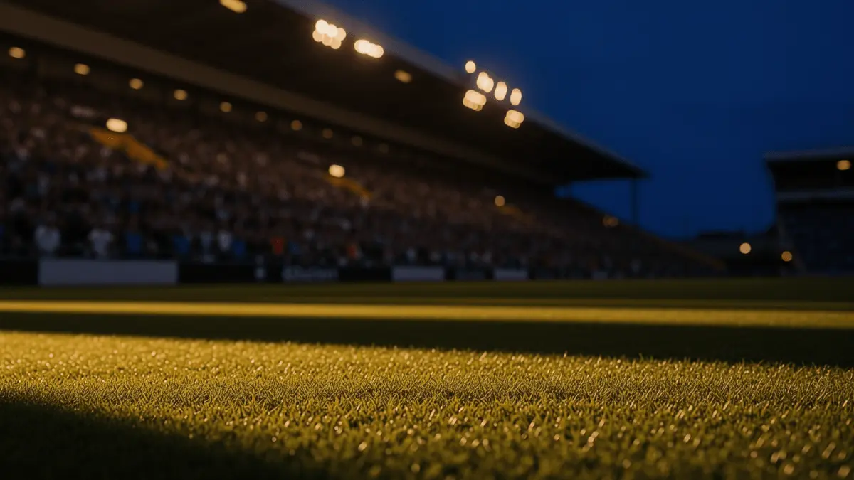 Floodlit stadium pitch at golden hour with packed stands, dramatic shadows, and cinematic lighting for World Cup semi-final atmosphere.