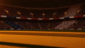 Floodlit stadium at golden hour with packed stands in French and English national colours; low-angle pitch-level view.