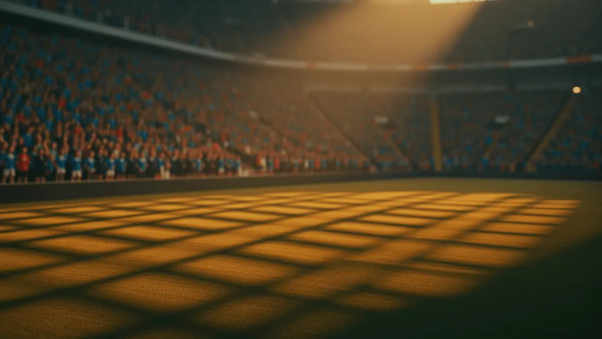 Floodlit stadium quarter-final atmosphere with packed stands at golden hour, empty pitch with dramatic shadows, cinematic lighting and shallow depth of field.