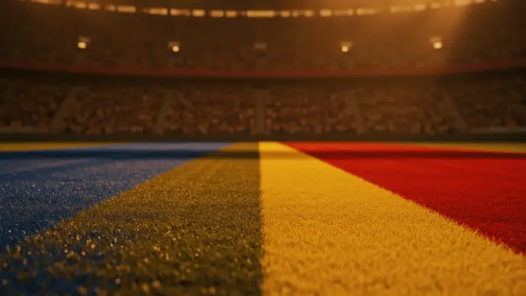 Floodlit stadium pitch at golden hour, split with France blue-gold and Spain red-yellow hues, packed stands in dramatic shadow.