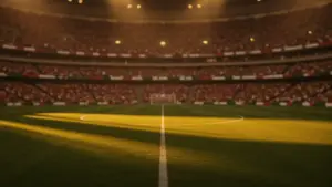 Floodlit stadium at sunset with packed stands in national colours, emerald pitch with dramatic shadows, World Cup atmosphere.