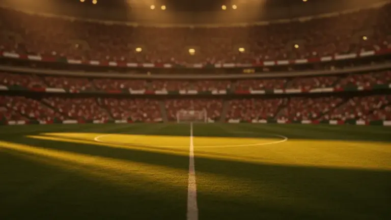 Floodlit stadium at sunset with packed stands in national colours, emerald pitch with dramatic shadows, World Cup atmosphere.