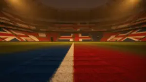 Empty floodlit football pitch at dusk with Norwegian and English flag colours in dramatic stadium lighting and shadows.