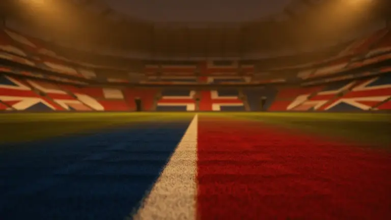 Empty floodlit football pitch at dusk with Norwegian and English flag colours in dramatic stadium lighting and shadows.