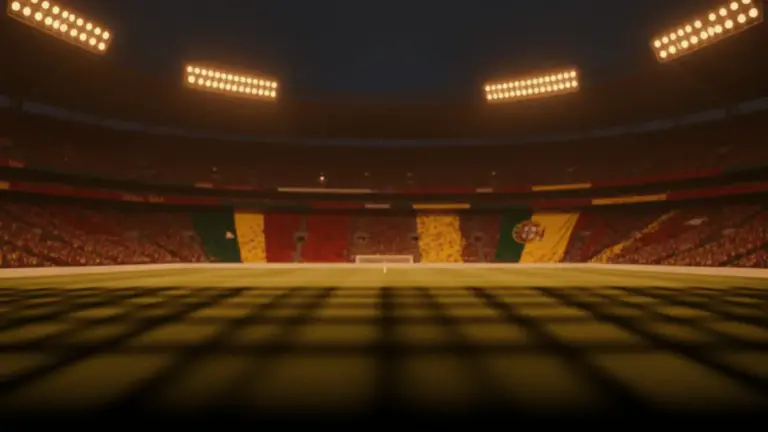Floodlit stadium at dusk with packed stands and dramatic shadows, golden-hour Iberian football atmosphere.