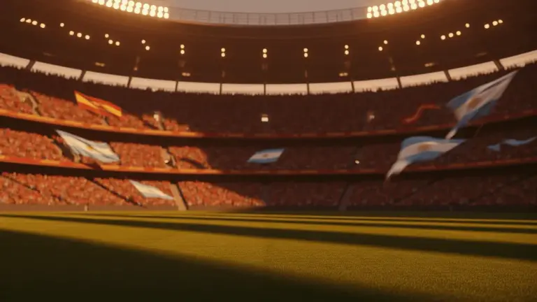 Floodlit stadium at dusk with national colours illuminating packed stands and empty pitch.