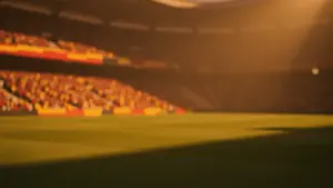 Floodlit stadium at golden hour with dramatic shadows, packed crowd in stands, empty pitch, Spanish and Belgian flag colours.