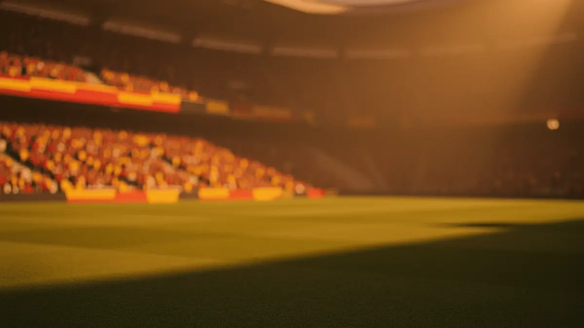 Floodlit stadium at golden hour with dramatic shadows, packed crowd in stands, empty pitch, Spanish and Belgian flag colours.