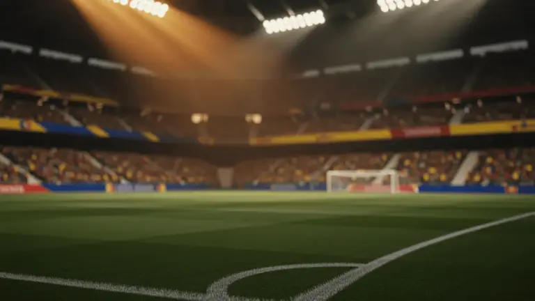 Floodlit football stadium at sunset with Swiss red and Colombian colours, empty pitch, packed stands in golden-hour lighting.