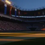 Floodlit stadium at dusk with packed stands, red-white-blue and red-yellow flag colours, dramatic shadow patterns on pitch.