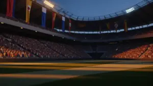 Floodlit stadium at dusk with packed stands, red-white-blue and red-yellow flag colours, dramatic shadow patterns on pitch.