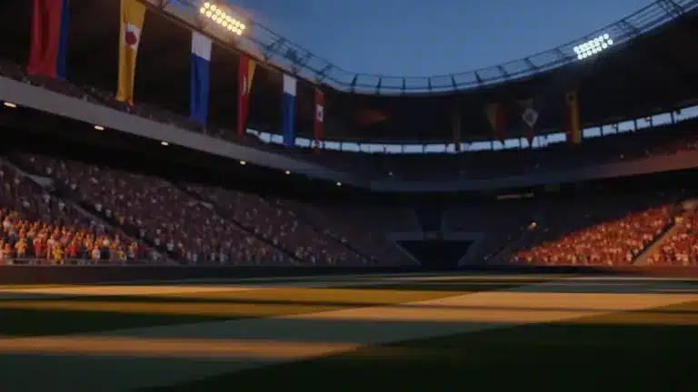 Floodlit stadium at dusk with packed stands, red-white-blue and red-yellow flag colours, dramatic shadow patterns on pitch.