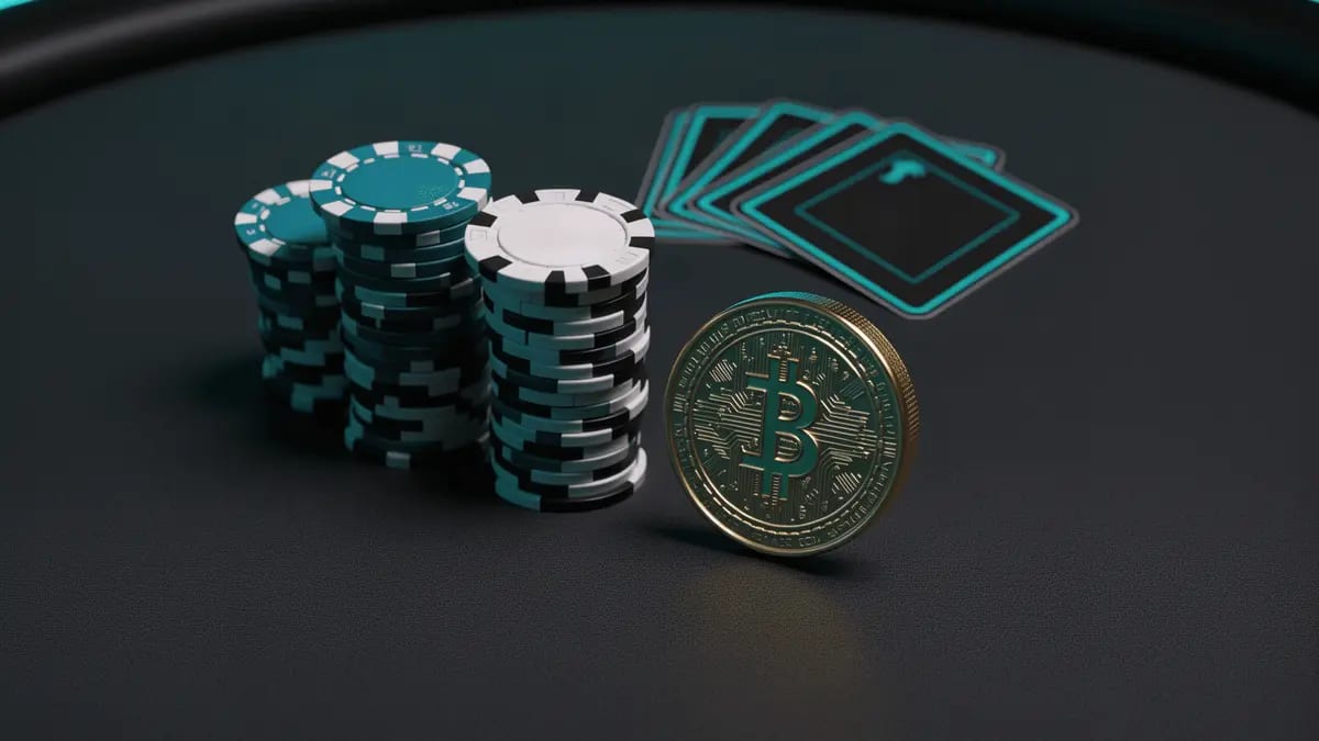 Teal and black poker chips beside a crypto coin token on a dark felt table — CoinPoker 2026 review