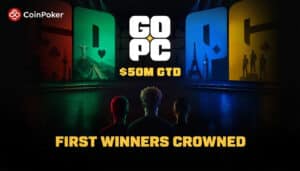 Three silhouettes looking at GOPC CoinPoker promotional image, announcing third three winners