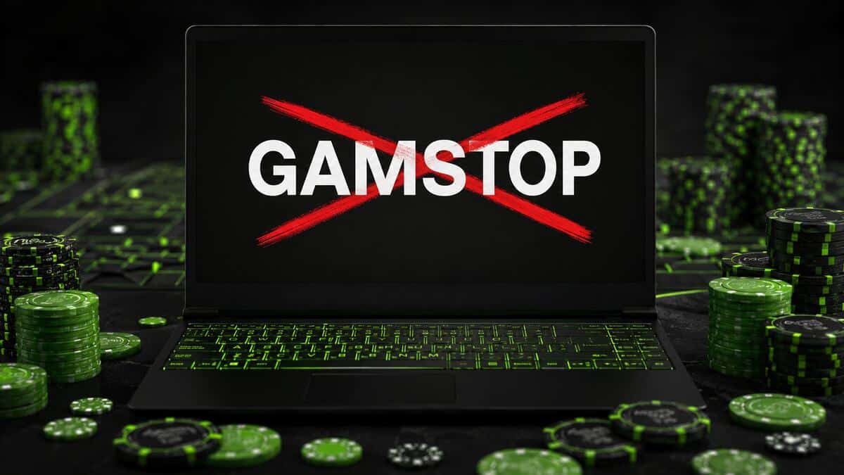 Non Gamstop casinos represented by the word Gamstop crossed out on a laptop