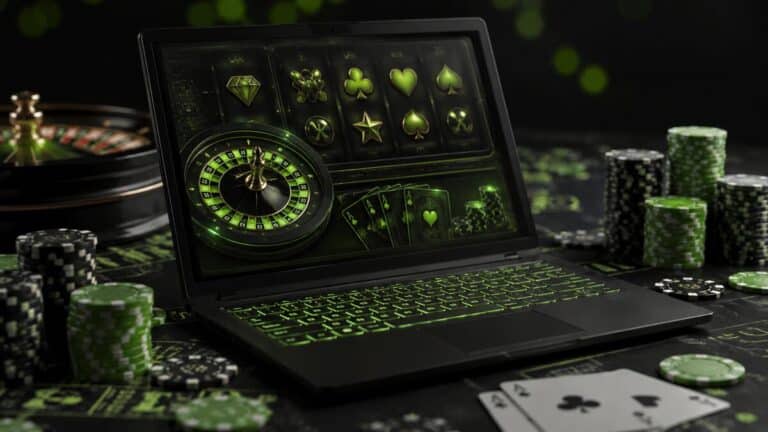 Online casinos shown on a laptop surrounded by roulette games and casino chips
